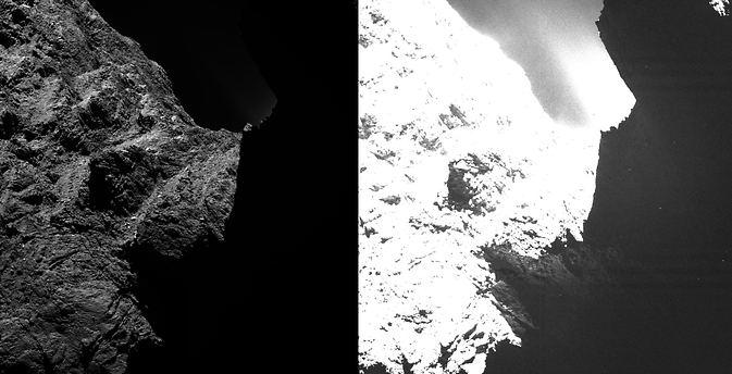 This image of comet 67P/Churyumov-Gerasimenko, from Rosetta's OSIRIS scientific imaging system, shows two saturation levels. In the left image darkness hides the right half; the right image shows some surface structures. Image was taken 10/30/14 from about 18.6 miles (30 kilometers) away. Image Credit: ESA/Rosetta/MPS for OSIRIS Team