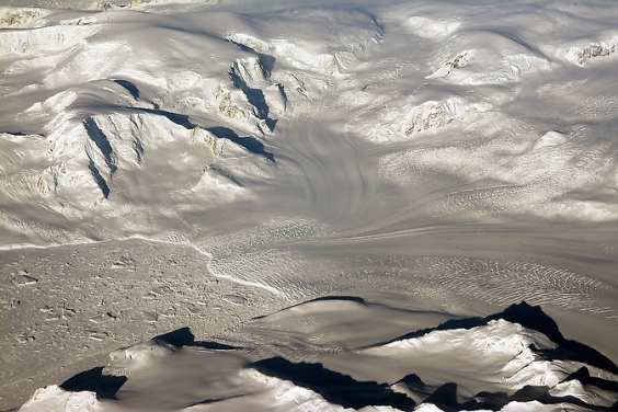 Glaciers and mountains in the evening sun are seen on an Operation IceBridge research flight. (NASA.gov image)