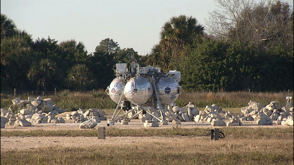 A free-flight test of the Morpheus prototype lander was conducted Monday at NASA’s Kennedy Space Cent Shuttle Landing Facility in Florida.