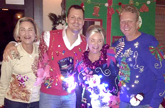 Jennifer McCoy, Justin Brown, Bobby & Nikki Freeman with RE/MAX Elite wearing their Best Ugly Sweaterd designed by Olivia Brown Wondrely sold on Etsy - Christmas Sweaters. (SpaceCoastDaily.com image)