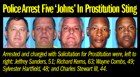 Arrested and charged with Solicitation for Prostitution were Wayne Combs, 49; Sylvester Hartfield, 48; Richard Kerns, 63; Jeffrey Sanders, 51; and Charles Stewart III, 44. (MPD images)