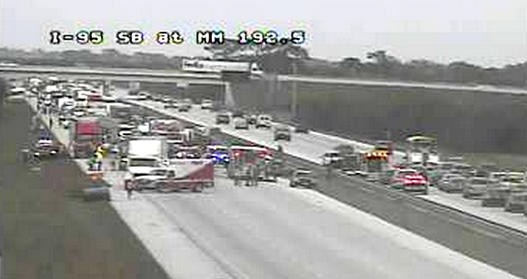  I-95 southbound lanes have been shut down as a result rollover vehicle crash with injuries, just north of the Wickham Road exit at Mile Marker 192. (Trafficland.com video image)