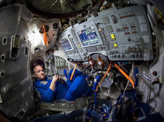 NASA Astronaut Scott Kelly is seen inside a Soyuz simulator at the Gagarin Cosmonaut Training Center (GCTC), Wednesday, Mar. 4, 2105 in Star City, Russia. (NASA.gov image)