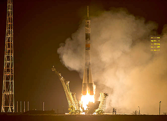 Three crew members representing the United States and Russia are on their way to the International Space Station after launching from the Baikonur Cosmodrome in Kazakhstan at 3:42 p.m. EDT Friday. (NASA image)