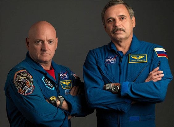 NASA astronaut Scott Kelly, left, Expedition 43/44 flight engineer and Expedition 45/46 commander; and Russian cosmonaut Mikhail Kornienko, Expedition 43-46 flight engineer, take a break from training at NASA's Johnson Space Center to pose for a portrait. (NASA.gov image)