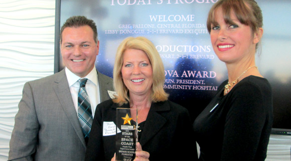 Supernova: Bill Calhoun, president of community hospitals for Health First, presented the Health First Supernova Award to Brevard Schools Foundation, which was represented by Janice Kershaw and Elizabeth Schreiber. (Image for SpaceCoastDaily.com)