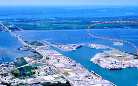 The proposed rail line would begin near the Port’s North Cargo Area, extend west over the Banana River, enter KSC on Merritt Island south of Kars Park, and then turn north through KSC grounds where it would connect with KSC’s existing rail line. (CPA image)