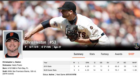  Former Bayside Bear, and now San Francisco Giants pitcher Chris Heston, in only his 13th Major League start, no-hit the New York Mets at Citi Field on Tuesday tonight. (mlb.com image)