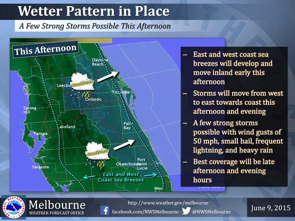 The approach of an upper level system to our north has shifted winds out of the south-southwest, which will bring more moisture across Florida and better rain chances across the region and Brevard today. (NWS image)