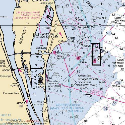 The box marks the South East Shoal approximately 7 miles off Port Canaveral (Image courtesy of maptech.com)