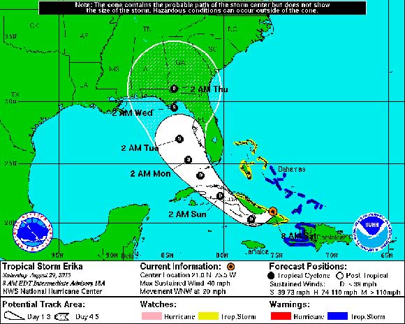 The Saturday 8 a.m. National Hurricane Center Update on Tropical Storm ‪Erika shows the storm dissipating  and remains poorly organized. (NHC image)