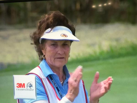 Francesca Dawson, Marco's mother, cheers on her son while serving as his caddie on Sunday at the 3M Championship in Blaine, Minnesota.