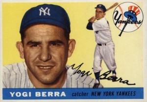 Topps baseball card from 1955, one of Yogi’s 3 MVP years.