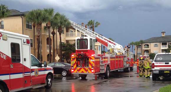 Brevard County Fire Rescue Units, along with the Rockledge and Melbourne Fire Departments, responded to a residential lightning strike in the 6400 block of Borasco Drive in Viera about 3:45 p.m. on Monday. (BCFR image)