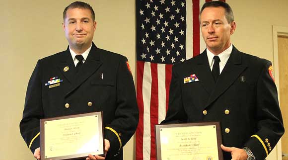 Congratulations to new Brevard County Fire Rescue District Chief Tom Klein, left and Assistant Chief of Operations, Scott Gold. (BCSO image)