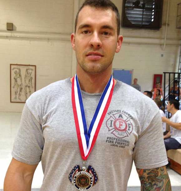 Lieutenant Mike Destefano medaled with a silver yesterday at the First Responder games for the 220 pound division for a 355 pound bench press. (BCFR image)