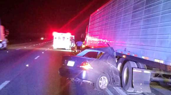  Brevard County Fire Rescue units E48, R48, E47, R47 and D45 responded to a vehicle crash involving a car and tractor-trailer early Friday morning at about 2:30 a.m. on I-95, just south of the Fisk Boulevard exit. (BCFR image)