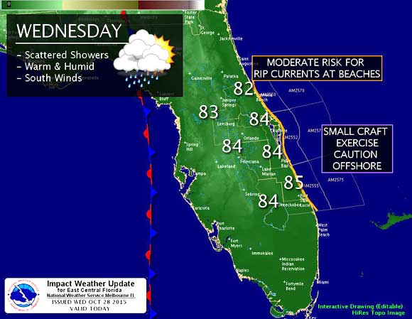 Wednesday's forecast calls for a weak front over the eastern Gulf of Mexico that will inch closer to Central Florida, keeping mostly cloudy skies and scattered showers in the forecast. Southerly winds ahead of the front will keep things warm and humid with highs in the low 80s. (NWS image)