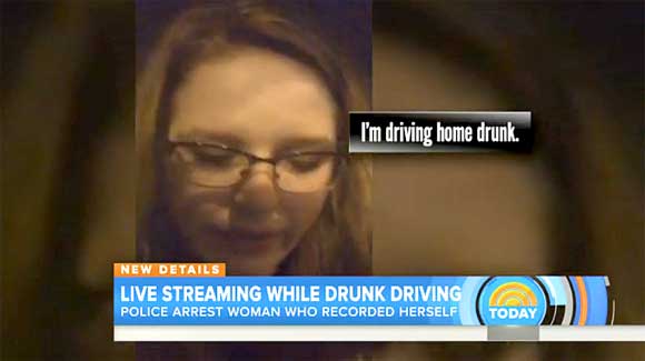 Whitney Beall, 23, was arrested by police in Lakeland, Florida, on Oct. 9 after she used the Periscope app to live stream video of herself on social media going to bars and then getting behind the wheel to drive home. While broadcasting herself, she said, "I'm driving home drunk, let's see if I get a DUI. I don't think I will." (Today.com video image)