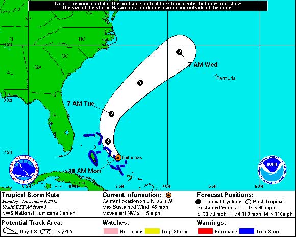 Tropical Storm Kate, the 11th named storm of the 2015 Atlantic hurricane season is strengthening and is located about 20 miles southeast of Cat Island in the Bahamas. (NHC image)