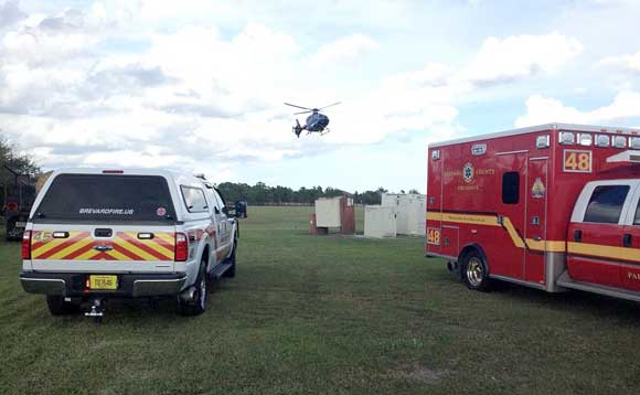 Brevard County Fire Rescue responded to a vehicle vs. pedestrian trauma incident in the 5500 block of Murrell Road in Viera at 2:48 p.m. First Flight transported a 20-year old man to Holmes Regional Medical Center. (BCFR image)