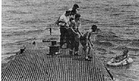 George H.W. Bush, a carrier pilot during World War II, is rescued by the USS Finback after he was shot down while on a bombing run of the Island of Chi Chi Jima in September 1944. (Department of Defense image)