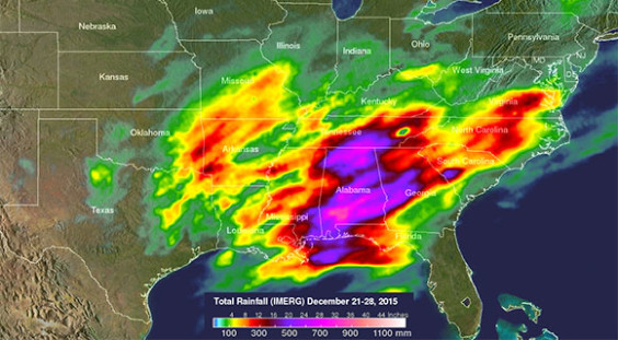 A NASA rainfall analysis from Dec. 23 to 27 showed highest rainfall totals of almost 938 mm (36.8 inches) were measured by IMERG in the state of Alabama. (NASA.gov image)