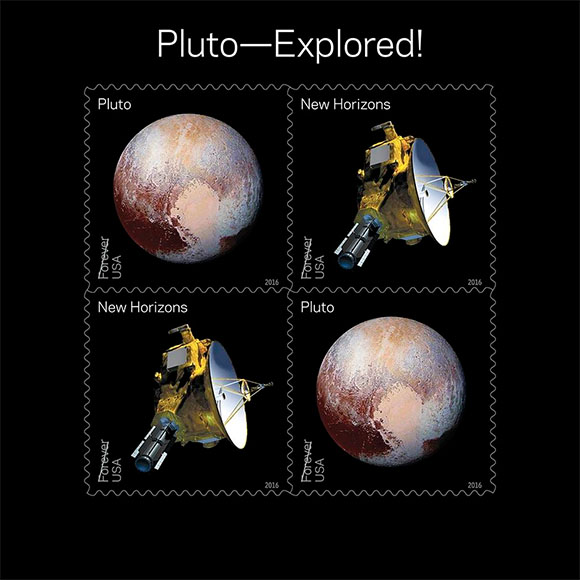 Pluto Explored! In 2006, NASA placed a 29-cent 1991 ‘Pluto: Not Yet Explored’ stamp in the New Horizons spacecraft. In 2015 the spacecraft carried the stamp on its history-making mission to Pluto and beyond. With this stamp, the Postal Service recognizes the first reconnaissance of Pluto in 2015 by NASA’s New Horizon mission. The souvenir sheet of four stamps contains two new stamps appearing twice. The first stamp shows an artists’ rendering of the New Horizons spacecraft and the second shows the spacecraft’s enhanced color image of Pluto taken near closest approach. (USPS/Antonio Alcalá © 2016 USPS image)