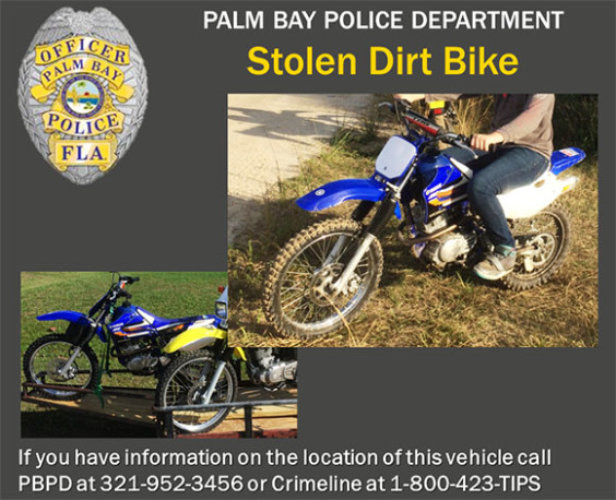 Palm Bay Police Department is requesting your assistance with locating a dirt bike that was recently stolen in the area of Pace Dr NW. (Palm Bay Police image)