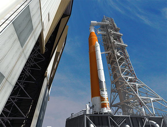 This artist concept depicts the Space Launch System rocket rolling out of the Vehicle Assembly Building at NASA's Kennedy Space Center. SLS will be the most powerful rocket ever built and will launch the agency’s Orion spacecraft into a new era of exploration to destinations beyond low-Earth orbit. (NASA.gov image)