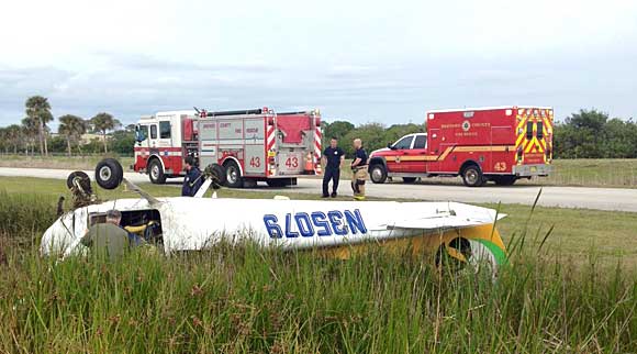 Brevard County Fire Rescue units Engine 43, Rescue 43 and District 40 responded to an aircraft crash at the Merritt Island Airport on Sunday morning about 10:15 a.m. (BCFR image)