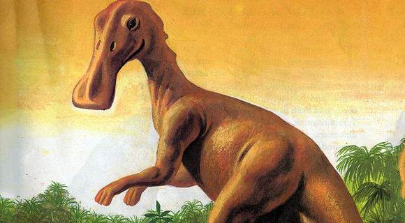 The duck-billed dinosaur — also known as a Hadrosaurid — was probably 20 to 30 feet long as an adult, mostly walked on its hind legs though it could come down on all four to graze on plants with its grinding teeth, and had a scaly exterior. But what set it apart is that it had a large crest on its nose. (Wikipedia.org image)