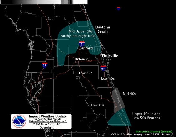 Colder temperatures are expected to roll through tonight. Patchy frost away from the coast and mainly Northern Brevard and Volusia counties west except for near lakes, streams and populated areas.