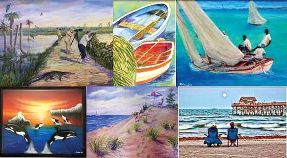 THIS NEW COLLECTION of artwork installed at Dixie Crossroads Seafood Restaurant is now on display through June 16. 