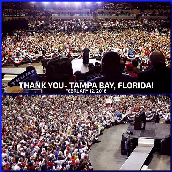 "11,000 inside the Tampa Bay venue! Broke a record set by Elton John in 1988 w/out musical instruments! Another 5,000 outside the USF Sun Dome Arena Friday night. (DonaldJTrump.com image)