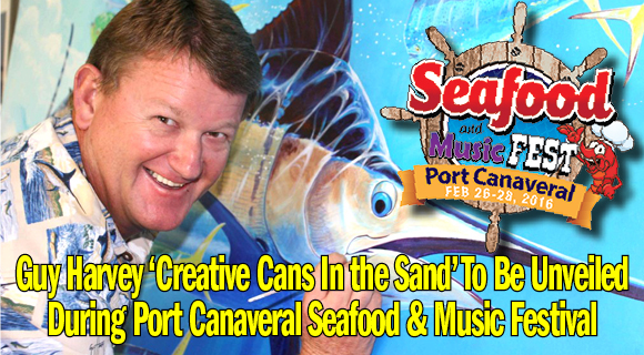 World famous marine wildlife artist and conservationist Guy Harvey has donated six eye-popping original designs for the “Creative Cans in the Sand” initiative, which will be unveiled during the Port Canaveral Seafood & Music Festival set for Feb. 26-28 at Port Canaveral. (Guy Harvey image)