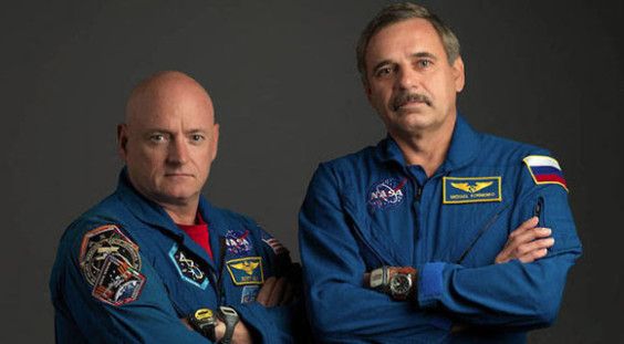 NASA astronaut Scott Kelly, left, and Russian cosmonaut Mikhail Kornienko, right, year-long mission is twice as long as typical U.S. missions to the space station. (NASA.gov image) 