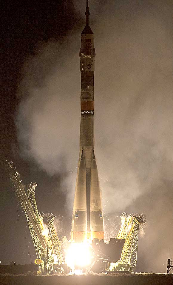 The Soyuz TMA-20M rocket launches from the Baikonur Cosmodrome in Kazakhstan on Saturday, March 19, 2016 carrying Expedition 47 Soyuz Commander Alexey Ovchinin of the Russian space agency Roscosmos, Flight Engineer Jeff Williams of NASA, and Flight Engineer Oleg Skripochka of Roscosmos into orbit to begin their five and a half month mission on the International Space Station. (NASA/Aubrey Gemignani image)