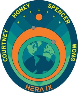 The HERA Mission Patch. Inspired by the peacock feather, a symbol of HERA - the Greek goddess of women and marriage. The all female crew's names are arranged in alphabetical order. The orange sphere represents the Sun and the globe the Earth. The Orbits of the moon, a near-Earth asteroid and Mars represent past, present and future off-world destinations. The seven stars pay tribute to the 30th anniversary of the loss of the Challenger STS-51L crew, which coincides with the HERA IX mission. 