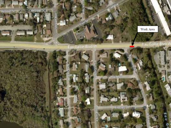 The City of Melbourne Public Works & Utilities Department will be closing the inside east-bound lane of Eau Gallie Boulevard (SR 518), at Rivermont Drive, in order descale and clean a sewer main. (City of Melbourne image)