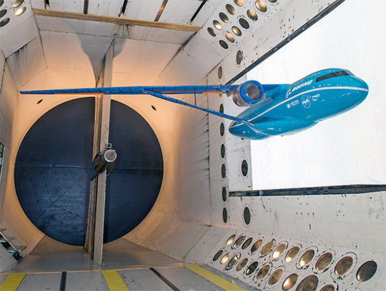 The second leg of the stool – a semi-span model (half of a configuration) undergoes flutter testing in a NASA Langley wind tunnel. (NASA.gov image)