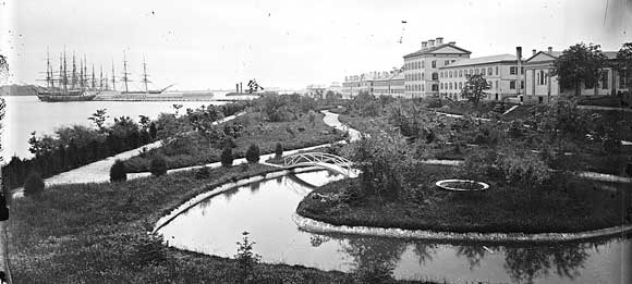 A view looking east of the Naval Academy with Fort Severn in the background - Between 1860 and 1880.