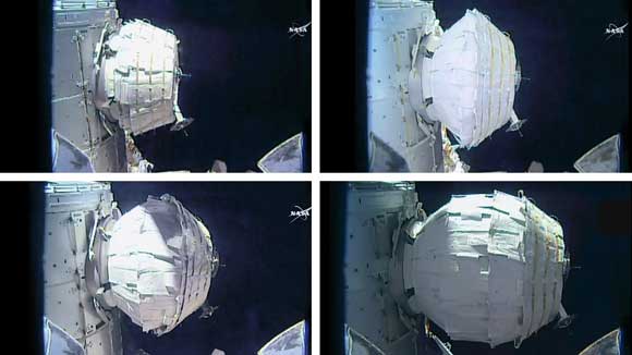 Pressurization of the Bigelow Expandable Activity Module (BEAM) began at 4:34 p.m. EDT, and the eight tanks filled with air completed full pressurization of the module 10 minutes later at 4:44 p.m. BEAM’s pressure will be equalized with that of the International Space Station, where it will remain attached for a two-year test period. (NASA image)