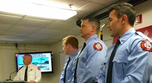 Titusville Fire Department's newest firefighters preparing to take the Oath. From left to right, Firefighter/EMT Lucas LaMothe, Firefighter/Paramedic Will Martin and Firefighter/EMT Jelani Mendiola