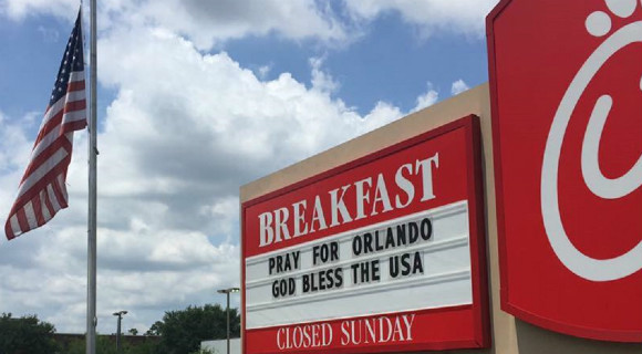 Chick-fil-A locations across the U.S. lowered their flag to half-staff following the shooting in Orlando and several Orlando locations were open Sundy to hand out foor and drink to those providinig assistance near the Pulse Club shootings (Image by Chick-fil-A University Blvd at Rouse Road)