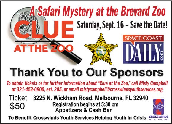 ponsorships are now available for the second annual “Clue at the Zoo”, a Safari Mystery fundraising event for Crosswinds Youth Services, in collaboration with the Brevard County Sheriff’s Office and the support of Central Florida Crimeline.