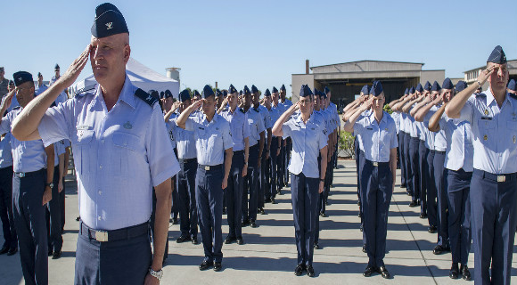 Vice Commander Col. Jeffrey W. Dyball, (left) leads Airmen from Air Force Technical Applications Center, Patrick AFB, Fla., in a first salute to the center’s new commander, Col. Steven A. Gorski during an Assumption of Command ceremony held in front of AFTAC’s headquarters July 25, 2016. (U.S. Air Force photo by Matthew Jurgens)