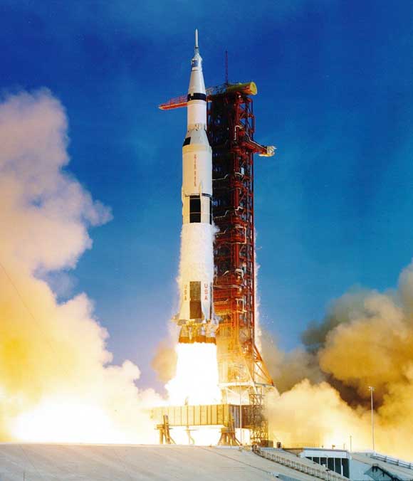 On July 16, 1969 at 9:32 a.m. Eastern Time, the Apollo 11 crew of Armstrong, Aldrin, and Collins launched toward the Moon.