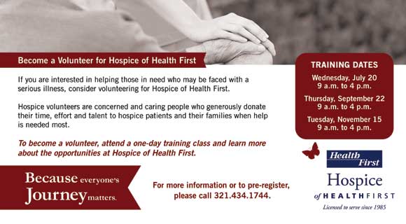 If you are interested in helping those in need who may be faced with a serious illness, consider volunteering for Hospice of Health First.