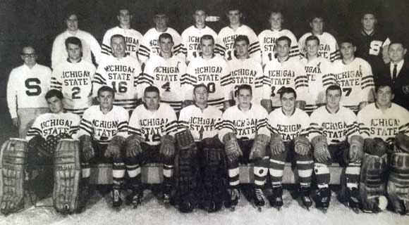 LEE HATHAWAY HAS BEEN PLAYING HOCKEY since he was a youth and played his college hockey at Michigan State. Above, Hathaway is pictured middle row, third from left, on the Spartan’s 1966 championship team. 